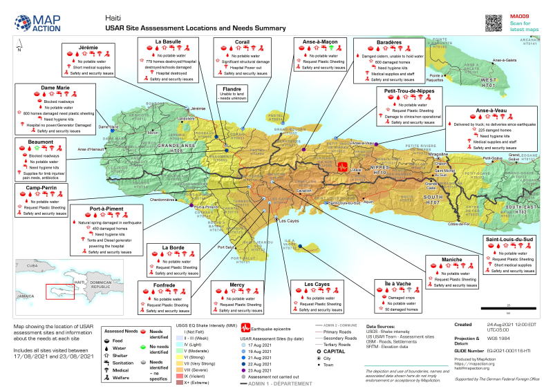 Map showing the location of Urban Search & Rescue (USAR) assessment sites and information about the needs at each site Includes all sites visited between 17/08/2021 and 23/08/2021