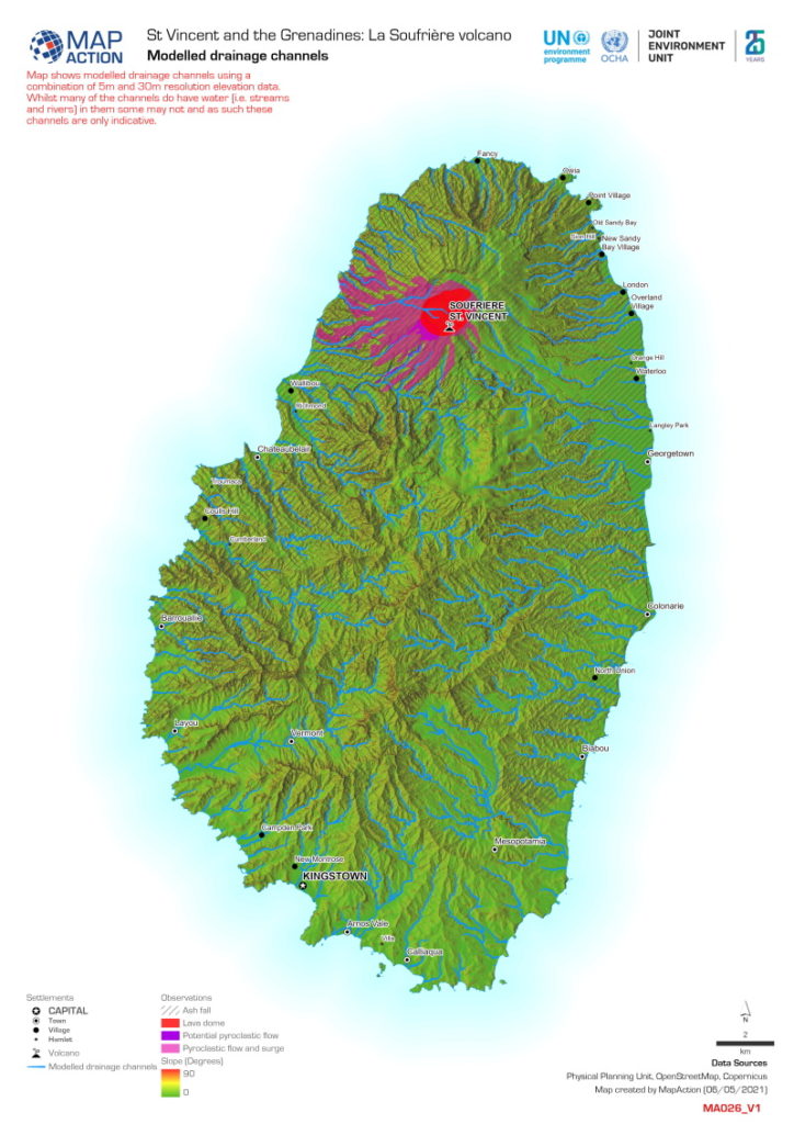 map of St Vincent and the Grenadines La Soufriere volcano: modelled drainage channels