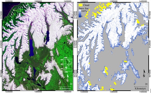 Snow monitoring based on MODIS 250m imagery. The spatial details in the maps were achieved by sub-pixel determination of snow fractions. Source: University of Otago, New Zealand.