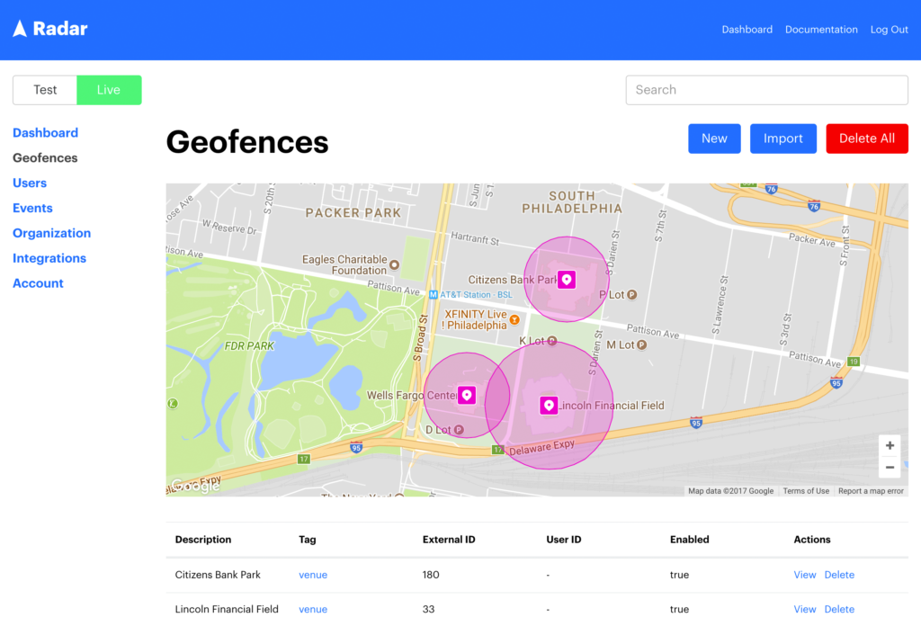 Geofences using Radar.io