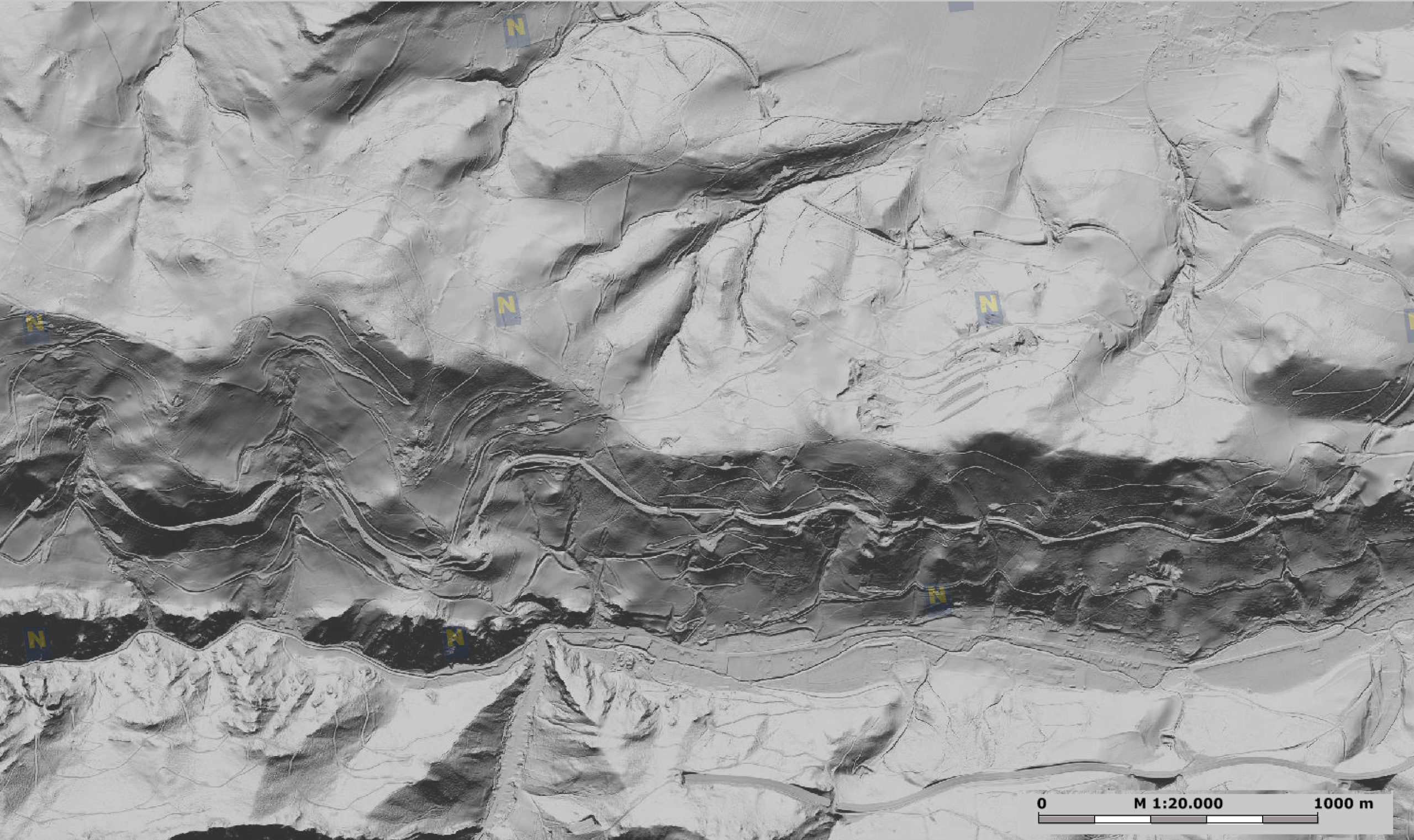 LIDAR height model of a mountainous landscape in the south of Lower Austria at the border to Styria. The meandering band represents the track of the oldest mountain railway  of the Alps, which was constructed 1854 and is UNESCO world heritage since 1998 (Semmringbahn). 