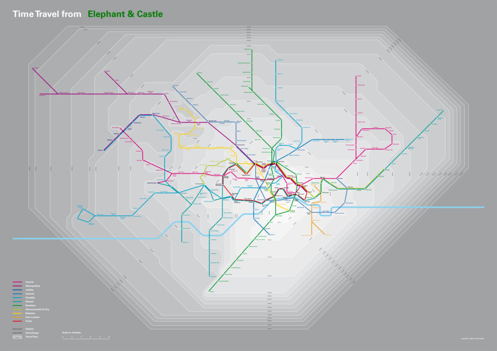 The map visualises the time scale in minutes that is needed to reach London locations from the underground station Elephant & Castle. 