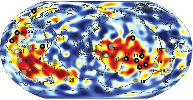 Most of the known volcanic hotspots are linked to plumes of hot rock (red) rising from two spots on the boundary between the metal core and rocky mantle 1,800 miles below Earth’s surface.