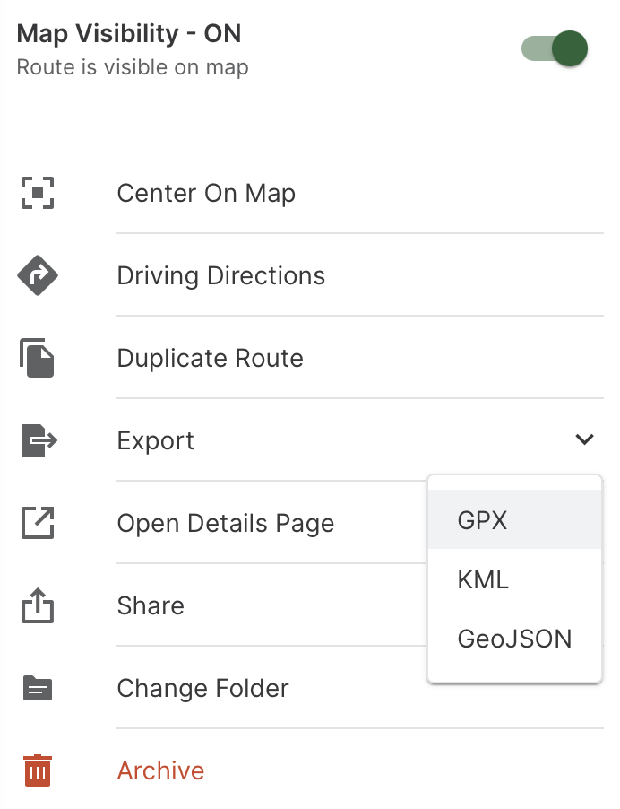 GAIA GPS export menu
